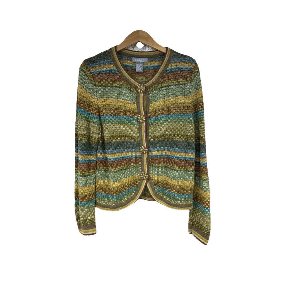 VTG Koret Art To Wear Grandma Button Front‎ Sweater Twee Crochet Knit M Petite